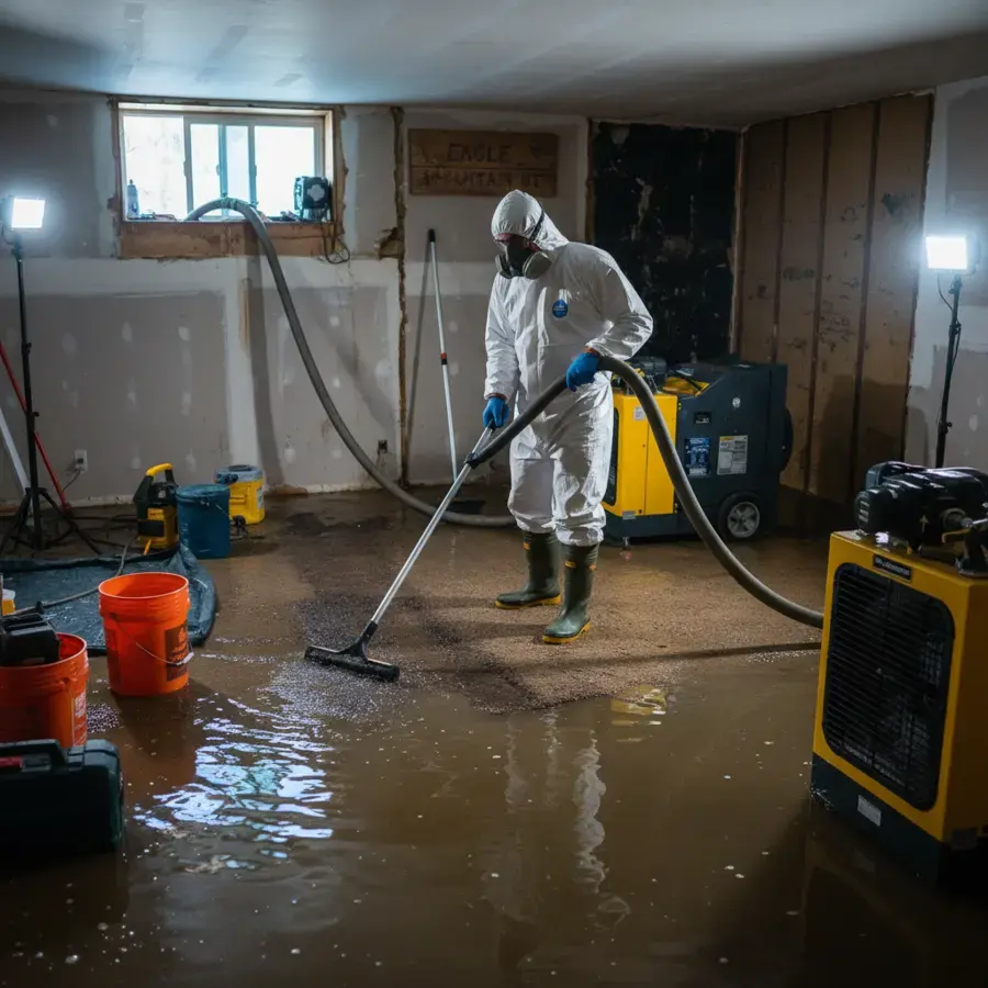 Technician in protective gear extracting standing water from a flooded room, Granada Hills water damage restoration