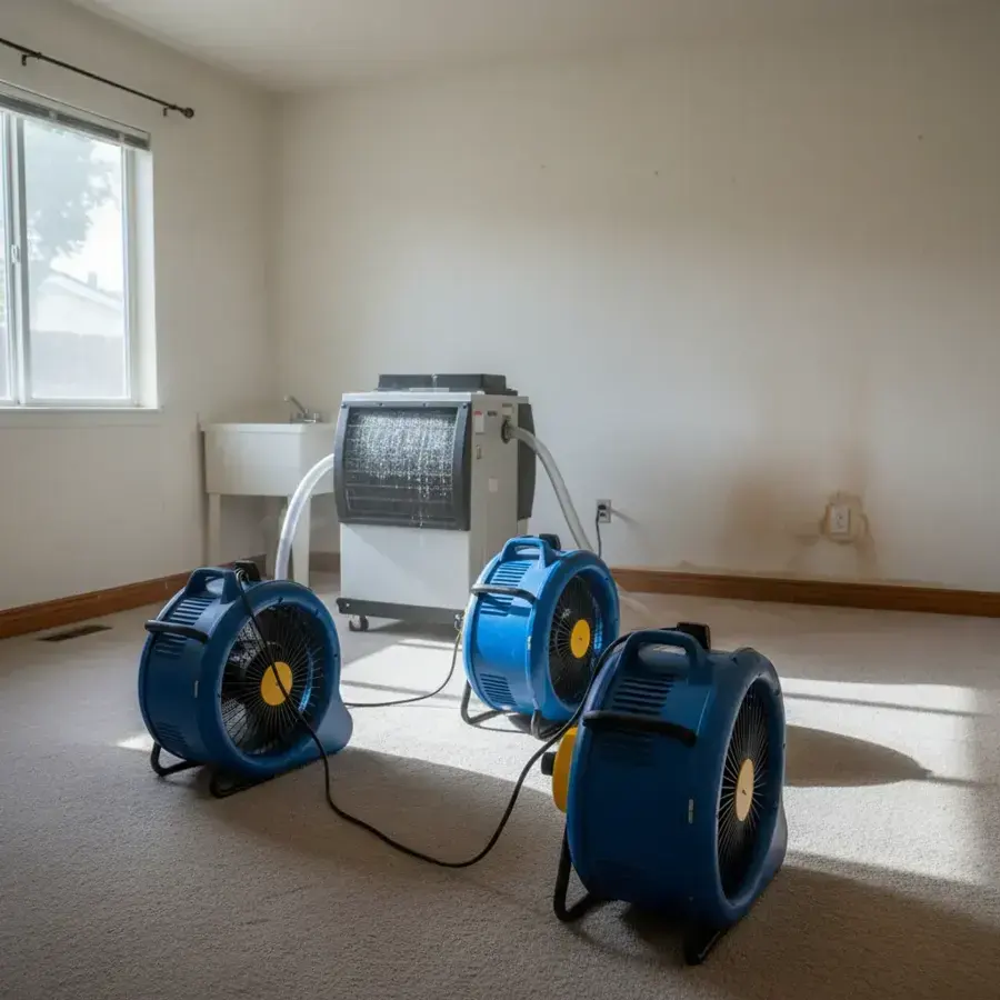 Air movers and a dehumidifier drying an emptied carpeted room during a Glendale, CA restoration job.