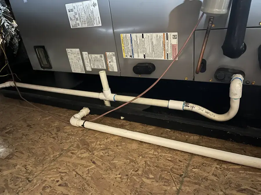 Air handler with PVC condensate drain piping, Granada Hills AC condensate overflow cleanup