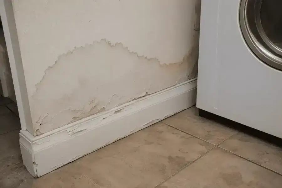 Water-stained wall and swollen baseboard beside a washing machine, Granada Hills appliance leak water damage