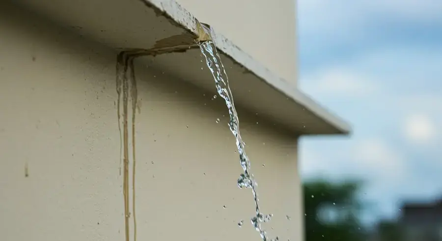 Rainwater spilling over a roof edge and streaking the wall below, Granada Hills roof leak water damage