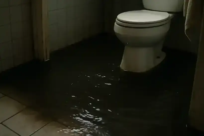 Dark water spread across a bathroom floor around a toilet, Granada Hills sewage backup cleanup